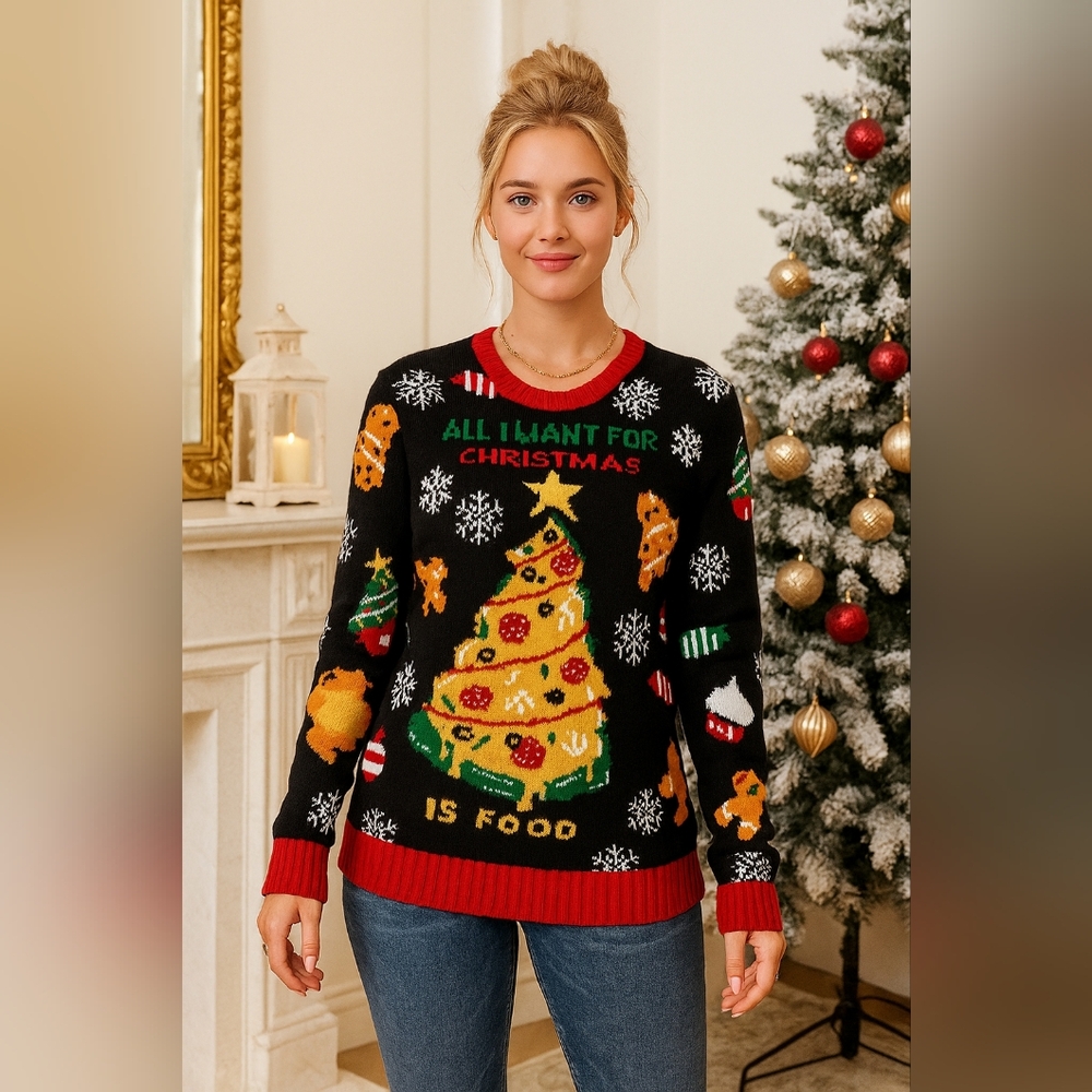 All I Want for Christmas Is Food Holiday Knit Sweater Shirt Long Sleeve Pullover